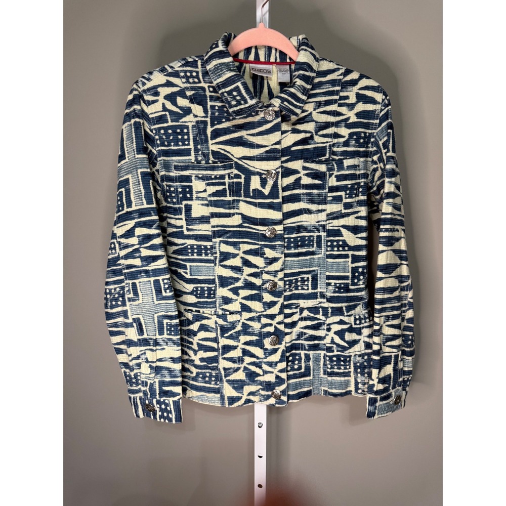 Chico's Blue Cream‎ Aztec Ikat Button-UpJacket 8 100% Cotton Coastal Grandmother